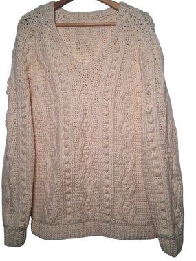 Handknit Sweater Women V Neck Ivory Chunky Pullover Natural Handmade